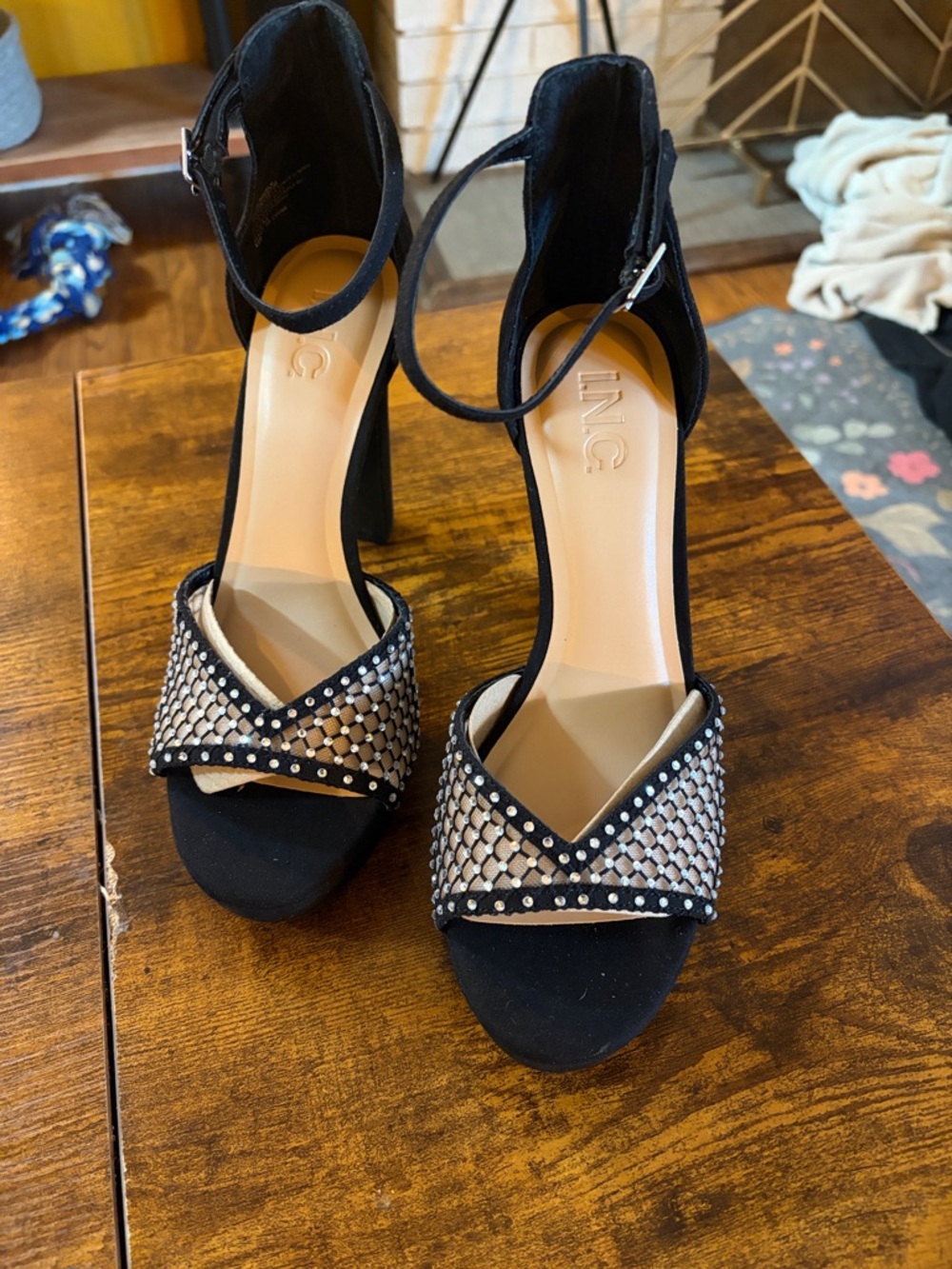 INC International Concepts Black Crystal Mesh Open-Toe Block Heels NEW IN BOX